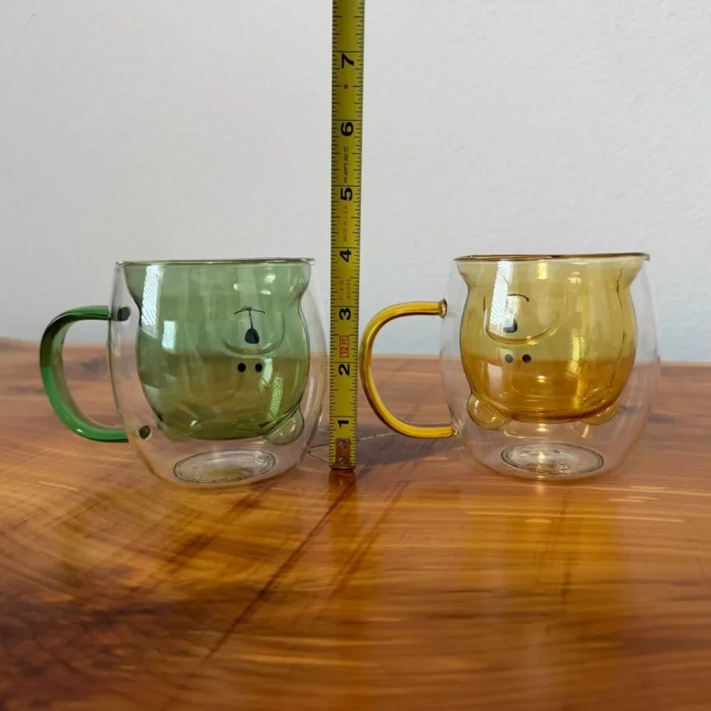 Set of 2, Double Wall Clear Glass 3D Bear (Green/Yellow) Coffee/Tea Mugs.